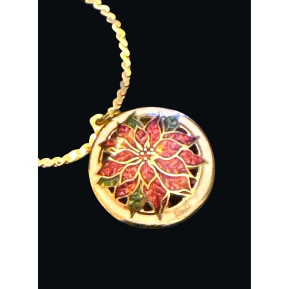 Heavy HMK Signed Cloisonné Poinsettia Pendant Necklace On 26" Chain - Picture 2 of 9